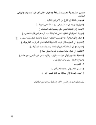 60
‫التشخيصية‬ ‫المعايير‬‫األمريكي‬ ‫للتصنيف‬ ‫طبقا‬ ‫آخر‬ ‫عقلي‬ ‫الضطراب‬ ‫المرافقة‬ ‫للكتاتونيا‬
‫الخامس‬
A-‫وجود‬‫ثالثة‬)‫أو‬‫أكثر‬(‫من‬‫األعراض‬‫التالية‬: -
1‫ذهول‬)‫ال‬‫يوجد‬‫أي‬‫نشاط‬،‫حركي‬‫وال‬‫نشاط‬‫يتعلق‬‫بالبيئة‬(. -
2‫الجمدة‬)‫أي‬‫الحفاظ‬‫السلبي‬‫على‬‫وضعية‬‫ضد‬‫الجاذبية‬(. -
3‫مرونة‬‫شمعية‬)‫أي‬‫المقاومة‬‫حتى‬‫الطفيفة‬‫لتحديد‬‫الوضعية‬‫من‬‫قبل‬‫الفاحص‬(. -
4‫البكم‬)‫أي‬‫انعدام‬‫أو‬‫قلة‬‫االستجابة‬‫اللفظية‬]‫استبعد‬‫إذا‬‫كانت‬‫هناك‬‫حبسة‬‫معروفة‬[(. -
5‫السلبية‬)‫أي‬‫المعارضة‬‫أو‬‫غياب‬‫االستجابة‬‫للتعليمات‬‫أو‬‫للمؤثرات‬‫الخارجية‬(. -
6‫التموضع‬)‫أي‬‫المحافظة‬‫العفوية‬‫والفعالة‬‫لوضعيات‬‫ضد‬‫ا‬‫لجاذبية‬(. -
7‫التكلف‬)‫أي‬‫أفعال‬‫عادية‬‫مستغربة‬‫ظرفية‬‫مغالى‬‫فيها‬(.
8‫(االسلوبية)(أي‬ ‫النمطية‬‫حركات‬،‫متكررة‬‫وكثيرة‬ٍ‫ل‬‫بشك‬‫غير‬،‫طبيعي‬‫غير‬‫هادفة‬(.
9،‫الهياج‬‫ال‬‫يتأثر‬‫بالمؤثرات‬‫الخارجية‬.
10‫التقطيب‬. -
11‫صدى‬‫الكالم‬)‫أي‬‫محاكاة‬‫لكالم‬‫آخر‬(.
12‫صدى‬‫الحركة‬)‫أي‬‫محاكاة‬‫لحركات‬‫شخص‬‫آخر‬(.
‫الكتاتونيا‬ ‫اعراض‬ ‫مع‬ ‫المرتبط‬ ‫االخر‬ ‫النفسي‬ ‫المرض‬ ‫تحديد‬ ‫يجب‬
 