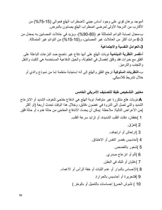 98
‫أ‬-‫قو‬ ‫برهان‬ ‫يوجد‬‫ي‬‫وجود‬ ‫على‬‫أ‬‫جين‬ ‫ساس‬‫ي‬‫فحو‬ ‫الهلع‬ ‫الضطراب‬‫ا‬‫ل‬‫ي‬(15-75‫من‬ )%
‫األ‬‫من‬ ‫قارب‬.‫بالمرض‬ ‫يصابون‬ ‫الهلع‬ ‫اضطراب‬ ‫لمرضى‬ ‫األولى‬ ‫الدرجة‬
‫ب‬-‫معدل‬‫إ‬( ‫هو‬ ‫المتماثلة‬ ‫التوائم‬ ‫صابة‬80-90‫و‬ ،)%‫من‬ ‫بمعدل‬ ‫به‬ ‫المصابين‬ ‫عائالت‬ ‫في‬ ‫يزيد‬
3-6‫المصابين‬ ‫غير‬ ‫العائالت‬ ‫من‬ ‫أكثر‬ ‫مرات‬،(‫و‬10-15‫غي‬ ‫التوائم‬ ‫من‬ )%.‫المتماثلة‬ ‫ر‬
3-‫واالجتماعية‬ ‫النفسية‬ ‫العوامل‬
‫أ‬-‫الدينامية‬ ‫النظرية‬ ‫تفسر‬‫على‬ ‫الهلع‬ ‫نوبات‬‫أ‬‫على‬ ‫الباعثة‬ ‫النزعات‬ ‫ضد‬ ‫ناضج‬ ‫غير‬ ‫دفاع‬ ‫نها‬
‫وقلق‬ ‫فقد‬ ‫خبرات‬ ‫مع‬ ‫القلق‬‫إ‬‫ف‬ ‫نفصال‬‫ي‬‫الطفول‬‫ة‬،‫ه‬ ‫المستخدمة‬ ‫الدفاعية‬ ‫والحيل‬‫ي‬‫والنقل‬ ‫الكبت‬
‫والترميز‬ ‫والتجنب‬.
‫ب‬-‫السلوكية‬ ‫النظريات‬‫والهلع‬ ‫القلق‬ ‫ترجع‬‫إلى‬‫أنه‬‫إ‬‫متعلم‬ ‫ستجابة‬‫ة‬‫إ‬‫والد‬ ‫نموذج‬ ‫من‬ ‫ما‬‫ي‬‫أ‬‫و‬
‫كالسيك‬ ‫تشريط‬ ‫خالل‬.‫ي‬
‫الخامس‬ ‫األمريكي‬ ‫للتصنيف‬ ‫طبقا‬ ‫التشخيص‬ ‫معايير‬
A-‫نوبات‬‫هلع‬‫متكررة‬‫غير‬‫الهلع‬ ‫نوبة‬ :‫متوقعة‬‫هي‬‫اندفاع‬‫مفاجئ‬‫للخوف‬‫الشديد‬‫أو‬‫االنزعاج‬
‫الشديد‬‫والتي‬‫تصل‬‫إلى‬‫الذروة‬‫في‬‫غضون‬،‫دقائق‬‫وخالل‬‫هذا‬‫الوقت‬‫تحدث‬‫أربعة‬)‫أو‬‫أكثر‬
(‫من‬‫األعراض‬‫التالية‬:‫مالحظة‬:‫يمكن‬‫أن‬‫يحدث‬‫االندفاع‬‫المفاجئ‬‫من‬‫حالة‬‫هدوء‬‫أو‬‫حالة‬‫قلق‬.
( 1،‫خفقان‬‫دقات‬‫القلب‬،‫الشديدة‬‫أو‬‫تزايد‬‫سرعة‬‫القلب‬.
( 2‫ق‬ ّ‫تعر‬.
( 3‫ارتعاش‬‫أو‬‫ارتجاف‬.
( 4‫أحاسيس‬‫بقصر‬‫النفس‬‫أو‬‫االختناق‬.
( 5‫شعور‬‫ص‬َ‫ص‬َ‫غ‬‫بال‬.
( 6‫ألم‬‫أو‬‫انزعاج‬‫صدري‬.
( 7‫غثيان‬‫أو‬‫تلبك‬‫في‬‫البطن‬.
( 8‫اإلحساس‬‫بالدوار‬‫أو‬‫عدم‬‫الثبات‬‫أو‬‫خفة‬‫الرأس‬‫أو‬‫االغماء‬.
( 9‫قشعريرة‬‫أو‬‫أحاسيس‬‫بالحرارة‬.
( 10‫تشوش‬‫الحس‬)‫إحساسات‬‫بالتنميل‬‫أو‬‫بالوخز‬(.
 