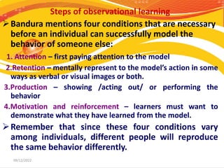 Assumptions of Social Learning Theory
u Reciprocal determinism refers to the interaction of the
person, person’s behavior ...