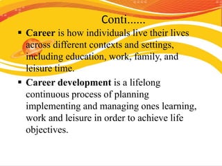Conti......
 It is the process through which people come
to understand themselves as they relate to
the world of work and...