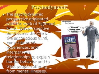 Psychodynamic
 The psychodynamic
perspective originated
with the work of Sigmund
Freud. This perspective
emphasizes the r...