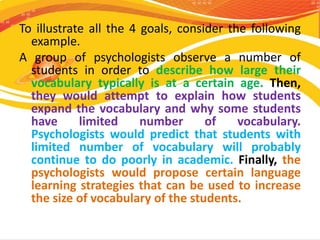 To illustrate all the 4 goals, consider the following
example.
A group of psychologists observe a number of
students in or...