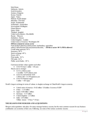  Page 6
Italy-Rome
Indonasia- Jakarta
Israil-Jerusalem
Jamiaca- Kingston
Kenya- Nairobi
Japan –Tokyo
Malasia- Kuala lumpur
Mauritius- Port louis
Nepal –Kathmandu
Netherland –Amsterdam
Newzealand- Wellington
Oman-Muscat
Qatar- Doha
Thailand- bangkok
United arab emirates- Abu dhabhi
Russia – Moscow
Zimbabwe- Harare
United kingdom –London
United states of America- Washington DC
FDI investment in varous sector
Food products,pharma,aviation,animal husbandary, agriculture
railway infrastructure,telecom,tourism,Education, - All these sector 00 % FDI is allowed
Credit rating agencies-74 %
Insurance- 49 %
Stock exchange -49 %
Power -49 %
Print media- 26 %
FM radio- 26 %
Public sector banks- 20 %
Currencies & their values against each other
 US $ VS Euro 1 dollar =.84 euro
Means euro is stronger
 Us $ vs chinese yuan
1 us dollar =6.59 chinese yuan
 US $ VS JAPANESE YEN
1 DOLLAR = 111.99 japanese yen
 US $ VS Pakistan rupee
1 dollar = 105 rupee
World’s largest exchange in terms of volume is shaghai exchange in ChinaWorld’s largest economy
 United states of america- 19.42 trillion US dollars In terms of GDP
 China – 11.8 trillion
 Japan- 4.84 trillion dollars
 Germany – 4.13 trillion
 United kingdom- 2.5 trillion
 India- 2.45 trillion
Trillion means = 10 lacs * 10 lacs
THE REASONS FOR MERGERS AND ACQUISITIONS
Mergers and acquisitions take place for many strategic business reasons,but the most common reasons for any business
combination are economic at their core. Following are some of the various economic reasons:
 