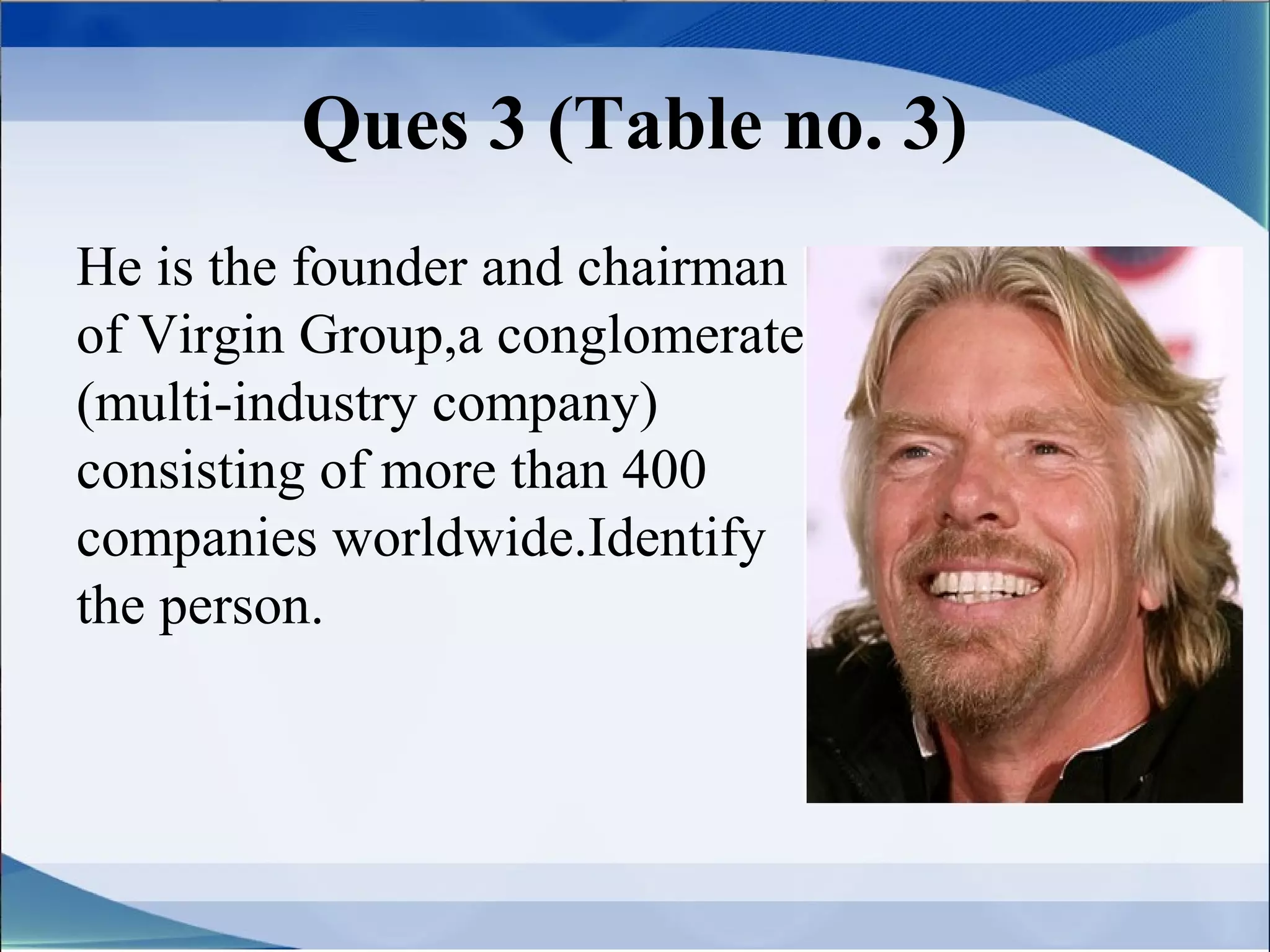 Ques 3 (Table no. 3)
He is the founder and chairman
of Virgin Group,a conglomerate
(multi-industry company)
consisting of more than 400
companies worldwide.Identify
the person.
 