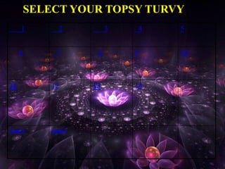 1 2 3 4 5
6 7 8 9 10
11 12 13 14
Aud-1 Aud-2
SELECT YOUR TOPSY TURVY
 