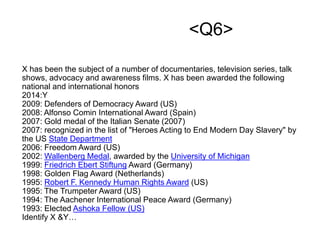 X has been the subject of a number of documentaries, television series, talk
shows, advocacy and awareness films. X has been awarded the following
national and international honors
2014:Y
2009: Defenders of Democracy Award (US)
2008: Alfonso Comin International Award (Spain)
2007: Gold medal of the Italian Senate (2007)
2007: recognized in the list of "Heroes Acting to End Modern Day Slavery" by
the US State Department
2006: Freedom Award (US)
2002: Wallenberg Medal, awarded by the University of Michigan
1999: Friedrich Ebert Stiftung Award (Germany)
1998: Golden Flag Award (Netherlands)
1995: Robert F. Kennedy Human Rights Award (US)
1995: The Trumpeter Award (US)
1994: The Aachener International Peace Award (Germany)
1993: Elected Ashoka Fellow (US)
Identify X &Y…
<Q6>
 