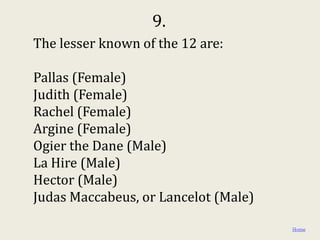 9.
The lesser known of the 12 are:

Pallas (Female)
Judith (Female)
Rachel (Female)
Argine (Female)
Ogier the Dane (Male)
La Hire (Male)
Hector (Male)
Judas Maccabeus, or Lancelot (Male)

                                      Home
 