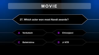 27. Which actor won most Nandi awards?
Venkatesh
A Chiranjeevi
B
Balakrishna
C Jr NTR
D
MOVIE
 