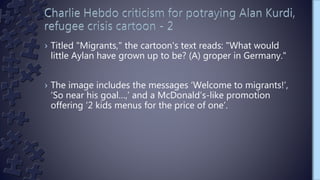 › Titled "Migrants," the cartoon's text reads: "What would
little Aylan have grown up to be? (A) groper in Germany."
› The image includes the messages ‘Welcome to migrants!’,
‘So near his goal…,’ and a McDonald’s-like promotion
offering ‘2 kids menus for the price of one’.
 