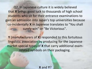 Q2. In Japanese culture it is widely believed
that X brings good luck to thousands of high school
students who sit for their entrance examinations to
gain an admission into Japan's top universities because
co-incidentally X in Japanese translates to "You shall
surely win" or "Be Victorious".
Y (manufacturers of X) responded to this fortuitous
linguistic association by producing for the Japanese
market special types of X that carry additional examrelated symbols on their packaging.

X and Y?

 