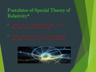 Postulates of Special Theory of
Relativity*
 “The Laws of physics are same in all
Inertial Frame of reference”
 “The Speed of Light in free space has
the same value in all Inertial Frames.”
 
