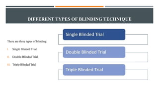 DIFFERENT TYPES OF BLINDING TECHNIQUE
There are three types of blinding:
I. Single Blinded Trial
II. Double-Blinded Trial
III. Triple Blinded Trial
 