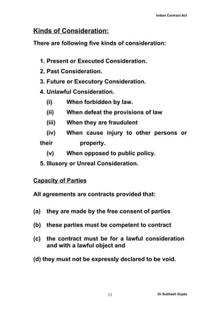 Indian Contract Act



Kinds of Consideration:
There are following five kinds of consideration:


  1. Present or Executed Consideration.
  2. Past Consideration.
  3. Future or Executory Consideration.
  4. Unlawful Consideration.
      (i)     When forbidden by law.
      (ii)    When defeat the provisions of law
      (iii)   When they are fraudulent
      (iv)    When cause injury to other persons or
  their           property.
      (v)     When opposed to public policy.
  5. Illusory or Unreal Consideration.

Capacity of Parties

All agreements are contracts provided that:

(a)   they are made by the free consent of parties

(b) these parties must be competent to contract

(c)   the contract must be for a lawful consideration
      and with a lawful object and

(d) they must not be expressly declared to be void.




                              11               Dr Subhash Gupta
 