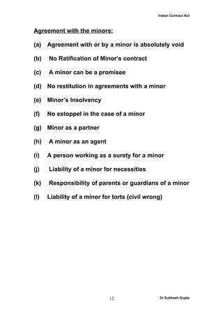 Indian Contract Act



Agreement with the minors:

(a)   Agreement with or by a minor is absolutely void

(b)   No Ratification of Minor’s contract

(c)   A minor can be a promisee

(d) No restitution in agreements with a minor

(e)   Minor’s Insolvency

(f)   No estoppel in the case of a minor

(g) Minor as a partner

(h)   A minor as an agent

(i)   A person working as a surety for a minor

(j)   Liability of a minor for necessities

(k)   Responsibility of parents or guardians of a minor

(l)   Liability of a minor for torts (civil wrong)




                             12                  Dr Subhash Gupta
 