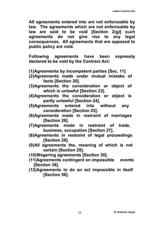 Indian Contract Act



All agreements entered into are not enforceable by
law. The agreements which are not enforceable by
law are said to be void [Section 2(g)] such
agreements do not give rise to any legal
consequences. All agreements that are opposed to
public policy are void.

Following agreements have been               expressly
declared to be void by the Contract Act:

(1)Agreements by incompetent parties [Sec. 11]
(2)Agreements made under mutual mistake of
        facts [Section 20].
(3)Agreements the consideration or object of
        which is unlawful [Section 23].
(4)Agreements the consideration or object is
        partly unlawful [Section 24].
(5)Agreements entered into without any
        consideration [Section 25].
(6)Agreements made in restraint of marriages
        [Section 26].
(7)Agreements made in restraint of trade,
        business, occupation [Section 27].
(8)Agreements in restraint of legal proceedings
        [Section 28].
(9)All agreements the, meaning of which is not
        certain [Section 29].
(10)Wagering agreements [Section 30].
(11)Agreements contingent on impossible events
   [Section 36].
(12)Agreements to do an act impossible in itself
        [Section 56].




                        24                 Dr Subhash Gupta
 