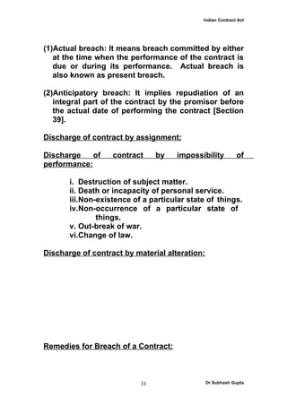 Indian Contract Act




(1)Actual breach: It means breach committed by either
   at the time when the performance of the contract is
   due or during its performance. Actual breach is
   also known as present breach.

(2)Anticipatory breach: It implies repudiation of an
   integral part of the contract by the promisor before
   the actual date of performing the contract [Section
   39].

Discharge of contract by assignment:

Discharge    of    contract     by    impossibility         of
performance:

       i. Destruction of subject matter.
       ii. Death or incapacity of personal service.
       iii.Non-existence of a particular state of things.
       iv.Non-occurrence of a particular state of
               things.
       v. Out-break of war.
       vi.Change of law.

Discharge of contract by material alteration:




Remedies for Breach of a Contract:



                           31                   Dr Subhash Gupta
 