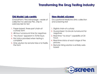 Old Model: Lab-centric ChoicePoint / First Advantage – resale of collection to LabCorp PSC, ship to LabCorp lab for test New Model: eScreen Occupational Medicine clinic collection and screening test Paper-based, three-part chain-of-custody form 48-hour turnaround time for negatives “ No shows” apparent in 72-96 hours First status provided when testing is complete Only solution for remote hires is to FedEx the form Digital chain-of-custody Guaranteed 15-minute turnaround for negatives Real-time “no show” capability at 24 hours Real-time status at each stage of the process Remote hiring solution is entirely web-based Transforming the Drug Testing Industry 
