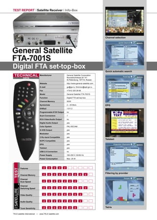 TEST REPORT Satellite Receiver Info-Box




                                                                                                           Channel selection




General Satellite
FTA-7001S
Digital FTA set-top-box
                                                                                                           Quick automatic search
 TECHNICAL                                  Manufacturer                General Satellite Corporation
                                                                        Novoladozhskaya str. 4/1
                           DATA
                                                                        St.Petersburg, 197110, Russia

                                            Website                     http://www.general-satellite.com

                                            E-mail                      gs@gs.ru, Smirnov@spb.gs.ru

                                            Fax                         +7 812 325 28 68

                                            Model                       General Satellite FTA-7001S

                                            Function                    Digital FTA set-top-box

                                            Channel Memory              5000

                                            Symbolrate                  2 – 45 Ms/s                        EPG
                                            DiSEqC                      1.0/1.2

                                            Programmable 0/12V Output   no

                                            Scart Connectors            1

                                            RCA Video/Audio Output      no

                                            Digital Audio Output        yes

                                            Color System                PAL/SECAM

                                            S-VHS Output                yes

                                            Modulator                   yes

                                            C/Ku-band Compatible        yes
                                                                                                           Teletext
                                            SCPC Compatible             yes

                                            EPG                         yes

                                            Teletext                    yes

                                            USB 2.0 Connection          no

                                            Power Supply                190-250 V, 50/60 Hz

                                            Power Consumption           Max. 25 W




                        Features
TEST
      RESULT




                                                                                                           Filtering by provider
                        Channel Memory

                        Channel
                        Scan Speed

                        Channel
        INTERNATIONAL




                        Switching Speed
SATELLITE




                        Video Quality


                        Audio Quality

 TELE
                        Tuner Sensitivity
                                                                                                           Tetris

TELE-satellite International — www.TELE-satellite.com
 