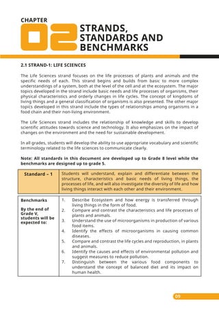 09
CHAPTER
STRANDS,
STANDARDS AND
BENCHMARKS
2.1 STRAND-1: LIFE SCIENCES
The Life Sciences strand focuses on the life processes of plants and animals and the
specific needs of each. This strand begins and builds from basic to more complex
understandings of a system, both at the level of the cell and at the ecosystem. The major
topics developed in the strand include basic needs and life processes of organisms, their
physical characteristics and orderly changes in life cycles. The concept of kingdoms of
living things and a general classification of organisms is also presented. The other major
topics developed in this strand include the types of relationships among organisms in a
food chain and their non-living environment.
The Life Sciences strand includes the relationship of knowledge and skills to develop
scientific attitudes towards science and technology. It also emphasizes on the impact of
changes on the environment and the need for sustainable development.
In all grades, students will develop the ability to use appropriate vocabulary and scientific
terminology related to the life sciences to communicate clearly.
Note: All standards in this document are developed up to Grade 8 level while the
benchmarks are designed up to grade 5.
Standard – 1
Benchmarks
By the end of
Grade V,
students will be
expected to:
Students will understand, explain and differentiate between the
structure, characteristics and basic needs of living things, the
processes of life, and will also investigate the diversity of life and how
living things interact with each other and their environment.
1. Describe Ecosystem and how energy is transferred through
living things in the form of food.
2. Compare and contrast the characteristics and life processes of
plants and animals.
3. Understand the use of microorganisms in production of various
food items.
4. Identify the effects of microorganisms in causing common
diseases.
5. Compare and contrast the life cycles and reproduction, in plants
and animals.
6. Identify the causes and effects of environmental pollution and
suggest measures to reduce pollution.
7. Distinguish between the various food components to
understand the concept of balanced diet and its impact on
human health.
 