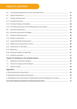 57
57
57
57
58
58
58
58
59
59
59
60
60
61
61
61
65
66
67
68
69
69
70
71
73
6.5 Incorporating Assessment into the Learning Process
6.6 Types of Assessment
6.7 Purpose of Assessment
6.7.1 To Guide Instruction
6.7.2 To Inform Progress of Students
6.7.3 To Provide Information on the Effectiveness of Curriculum
6.8 Classroom Assessment
6.8.1 Classroom Assessment Strategies
6.9 Students' Self-Assessment
6.10 Quality in Assessment
6.11 Large-Scale National Assessment
6.12 TIMSS Science Assessment for 2019
6.13 Construction of Test Items
6.14 Reporting
6.14.1 Guiding Principles for Reporting
6.15 Attitudes and Values
Chapter 07: Guidelines to the Textbook Authors
7.1 Guidelines for Writing a Chapter
7.2 Criteria for Analysis of the Textbook
7.3 Teacher's Guide
Appendices
A. Planning Classroom Assessment
B. Developing Science Skills and Processes
C. Developing Critical and Creative Thinking Skills (cited from Malaysia Curriculum)
Curriculum Review Committee for General Science (IV-V)
TABLE OF CONTENTS
 