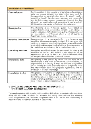 C. DEVELOPING CRITICAL AND CREATIVE THINKING SKILLS
(CITED FROM MALAYSIA CURRICULUM)
The development of critical and creative thinking skills allows students to solve problems,
think critically, make decisions, find answers, and satisfy their curiosity. The following
skills and processes are central to the presentation of all content and the delivery of
instruction and assessment activities in classrooms.
71
Science Skills and Processes
Communicating Communicating is the process of organizing and processing
data that occurs between the observation stage and the
interpretation or generalization stage. It usually involves
organizing "rough" data in a more compact and meaningful
way (ordering, rearranging, comparing), depicting the data
pictorially or graphically, and processing it mathematically
(finding slopes, tangents) to facilitate interpretations.
Hypothesizing Hypothesizing is an "educated guess" made about an
expected relationship between two variables in an attempt to
explain a cause-and-effect relationship. Hypotheses are based
on observations or inferences about a set of events. A
hypothesis should be testable.
Designing Experiments
Controlling Variables
Experimenting is a cause-and-effect test between two
variables. All processes may be involved. This can begin with
setting a problem to be solved, identifying the variables to be
controlled, making operational definitions, devising the test to
be carried out, and following the prescribed procedure.
Controlling variables involves the process of deciding which
variables or factors will influence the outcome of an
experiment, situation, or event, and deliberately controlling
all recognized variables in a systematic manner.
Interpreting Data Interpreting is the process by which sense is made of the
observations in the form of inferences, generalizations, or
explanations. It is usually a direct response to the problem
under investigation and therefore includes judgments about
the interpretation to fit with proposed hypotheses, and the
limitation of the new knowledge.
Formulating Models This process involves the use of physical or mental models to
describe the behaviour of something that is unfamiliar.
Constant vigilance is necessary to ascertain the validity of the
model or analogy to the phenomenon modelled. Models often
need revision to accommodate new facts.
 