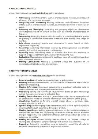 CRITICAL THINKING SKILL
A brief description of each critical thinking skill is as follows:
• Attributing: Identifying criteria such as characteristics, features, qualities and
elements of a concept or an object.
• Comparing and Contrasting: Finding similarities and differences based on
criteria such as characteristics, features, qualities and elements of a concept or
event.
• Grouping and Classifying: Separating and grouping objects or phenomena
into categories based on certain criteria such as common characteristics or
features.
• Sequencing: Arranging objects and information in order based on the quality
or quantity of common characteristics or features such as size, time, shape or
number.
• Prioritising: Arranging objects and information in order based on their
importance or priority.
• Analysing: Examining information in detail by breaking it down into smaller
parts to find implicit meaning and relationships.
• Detecting Bias: Identifying views or opinions that have the tendency to
support or oppose something in an unfair or misleading way.
• Evaluating: Making judgments on the quality or value of something based on
valid reasons or evidence.
• Making Conclusions: Making a statement about the outcome of an
investigation that is based on a hypothesis.
CREATIVE THINKING SKILLS
A brief description of each creative thinking skill is as follows:
• Generating Ideas: Producing or giving ideas in a discussion.
• Relating: Making connections in a certain situation to determine a structure or
pattern of relationship.
• Making Inferences: Using past experiences or previously collected data to
draw conclusions and make explanations of events.
• Predicting: Stating the outcome of a future event based on prior knowledge
gained through experiences or collected data.
• Making Generalisations: Making a general conclusion about a group based
on observations made on, or some information from, samples of the group.
• Visualising: Recalling or forming mental images about a particular idea,
concept, situation or vision.
• Synthesising: Combining separate elements or parts to form a general picture
in various forms such as writing, drawing or artifact.
• Making Hypotheses: Making a general statement on the relationship between
manipulated variables and responding variables in order to explain a certain
thing or happening. This statement is thought to be true and can be tested to
determine its validity.
• Making Analogies: Understanding a certain abstract or complex concept by
relating it to a simpler or concrete concept with similar characteristics.
• Inventing: Producing something new or adapting something already in
existence to overcome problems in a systematic manner.
72
 