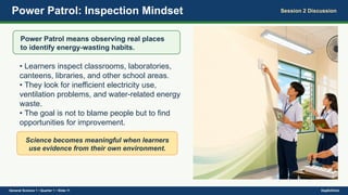 Power Patrol: Inspection Mindset Session 2 Discussion
Power Patrol means observing real places
to identify energy-wasting habits.
• Learners inspect classrooms, laboratories,
canteens, libraries, and other school areas.
• They look for inefficient electricity use,
ventilation problems, and water-related energy
waste.
• The goal is not to blame people but to find
opportunities for improvement.
Science becomes meaningful when learners
use evidence from their own environment.
General Science 1 • Quarter 1 • Slide 11 DepEdClick
 