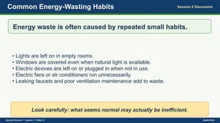 Common Energy-Wasting Habits Session 2 Discussion
Energy waste is often caused by repeated small habits.
• Lights are left on in empty rooms.
• Windows are covered even when natural light is available.
• Electric devices are left on or plugged in when not in use.
• Electric fans or air conditioners run unnecessarily.
• Leaking faucets and poor ventilation maintenance add to waste.
Look carefully: what seems normal may actually be inefficient.
General Science 1 • Quarter 1 • Slide 12 DepEdClick
 