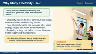 Why Study Electricity Use? Session 1 Discussion
Energy efficiency starts with knowing how
electricity is generated, used, and sometimes
wasted.
• Electricity powers homes, schools, businesses,
communication, and learning spaces.
• Poor electricity habits can increase bills, strain
energy supply, and harm the environment.
• Analyzing energy use helps communities plan
better supply and management.
Key Question: How can we use electricity wisely
without reducing productivity and comfort?
REMEMBER
Wise energy use protects money,
resources, and the environment.
General Science 1 • Quarter 1 • Slide 2 DepEdClick
 