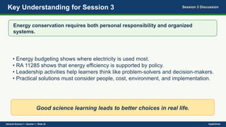 Key Understanding for Session 3 Session 3 Discussion
Energy conservation requires both personal responsibility and organized
systems.
• Energy budgeting shows where electricity is used most.
• RA 11285 shows that energy efficiency is supported by policy.
• Leadership activities help learners think like problem-solvers and decision-makers.
• Practical solutions must consider people, cost, environment, and implementation.
Good science learning leads to better choices in real life.
General Science 1 • Quarter 1 • Slide 24 DepEdClick
 