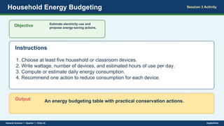 Household Energy Budgeting Session 3 Activity
Objective Estimate electricity use and
propose energy-saving actions.
Instructions
1. Choose at least five household or classroom devices.
2. Write wattage, number of devices, and estimated hours of use per day.
3. Compute or estimate daily energy consumption.
4. Recommend one action to reduce consumption for each device.
Output An energy budgeting table with practical conservation actions.
General Science 1 • Quarter 1 • Slide 25 DepEdClick
 