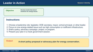 Leader in Action Session 3 Activity
Objective Develop leadership-based
solutions for energy issues.
Instructions
1. Choose a leadership role: legislator, DOE secretary, mayor, school principal, or other leader.
2. Focus on one energy-related issue such as high consumption or inefficient infrastructure.
3. Draft a policy, advocacy campaign, project, or program.
4. Present your plan in a mock government session.
Output A short policy proposal or advocacy plan for energy conservation.
General Science 1 • Quarter 1 • Slide 27 DepEdClick
 