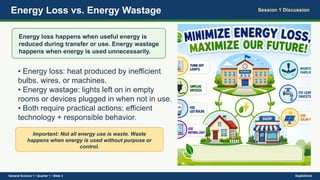 Energy Loss vs. Energy Wastage Session 1 Discussion
Energy loss happens when useful energy is
reduced during transfer or use. Energy wastage
happens when energy is used unnecessarily.
• Energy loss: heat produced by inefficient
bulbs, wires, or machines.
• Energy wastage: lights left on in empty
rooms or devices plugged in when not in use.
• Both require practical actions: efficient
technology + responsible behavior.
Important: Not all energy use is waste. Waste
happens when energy is used without purpose or
control.
General Science 1 • Quarter 1 • Slide 3 DepEdClick
 