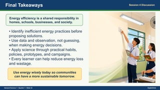 Final Takeaways Session 4 Discussion
Energy efficiency is a shared responsibility in
homes, schools, businesses, and society.
• Identify inefficient energy practices before
proposing solutions.
• Use data and observation, not guessing,
when making energy decisions.
• Apply science through practical habits,
policies, prototypes, and campaigns.
• Every learner can help reduce energy loss
and wastage.
Use energy wisely today so communities
can have a more sustainable tomorrow.
General Science 1 • Quarter 1 • Slide 33 DepEdClick
 