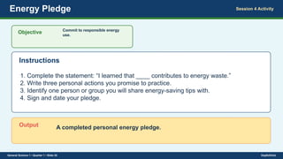 Energy Pledge Session 4 Activity
Objective Commit to responsible energy
use.
Instructions
1. Complete the statement: “I learned that ____ contributes to energy waste.”
2. Write three personal actions you promise to practice.
3. Identify one person or group you will share energy-saving tips with.
4. Sign and date your pledge.
Output A completed personal energy pledge.
General Science 1 • Quarter 1 • Slide 35 DepEdClick
 