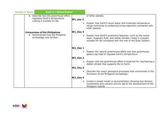 Budget of Work Grade 11 | General Science
● Describe how the greenhouse effect
regulates Earth’s temperature,
making it suitable for life.
Uniqueness of the Philippines
● Demonstrate how the Philippine
archipelago was formed.
of other planets.
W1_day 3
• Explain how Earth’s liquid water and moderate temperature
range contribute to sustaining living organisms compared with
other planets.
W1_Day 4
• Explain how Earth’s protective features—such as the ozone
layer, magnetic field, and stable climate—make it uniquely
suitable for life compared with the rest of the Solar System.
W2_Day 1
• Explain the natural greenhouse effect and how greenhouse
gases trap heat to regulate Earth’s temperature.
W2_Day 2
• Explain why the greenhouse effect is essential for maintaining a
stable climate that supports life on Earth.
W2_Day 3
• Describe the major geological processes that contributed to the
formation of the Philippine archipelago.
W2_Day 4
• Create a simple model or demonstration showing how tectonic
movements and volcanic activity led to the development of the
Philippine islands.
 