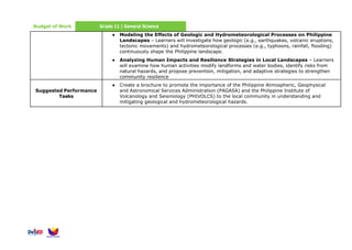 Budget of Work Grade 11 | General Science
● Modeling the Effects of Geologic and Hydrometeorological Processes on Philippine
Landscapes – Learners will investigate how geologic (e.g., earthquakes, volcanic eruptions,
tectonic movements) and hydrometeorological processes (e.g., typhoons, rainfall, flooding)
continuously shape the Philippine landscape.
● Analyzing Human Impacts and Resilience Strategies in Local Landscapes – Learners
will examine how human activities modify landforms and water bodies, identify risks from
natural hazards, and propose prevention, mitigation, and adaptive strategies to strengthen
community resilience
Suggested Performance
Tasks
● Create a brochure to promote the importance of the Philippine Atmospheric, Geophysical
and Astronomical Services Administration (PAGASA) and the Philippine Institute of
Volcanology and Seismology (PHIVOLCS) to the local community in understanding and
mitigating geological and hydrometeorological hazards.
 