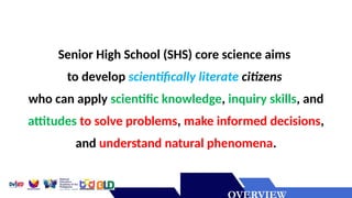 Lorem ipsum dolor sit amet,
consectetur adipiscing elit.
Praesent tincidunt, nulla lacinia
ultrices vestibulum, turpis ex
gravida purus, non vehicula
sapien mi non nisi.
Senior High School (SHS) core science aims
to develop scientifically literate citizens
who can apply scientific knowledge, inquiry skills, and
attitudes to solve problems, make informed decisions,
and understand natural phenomena.
 