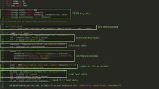 RNN imports
preprocessing
predict on test data
load test data
make and train model
tokenize data
load training data
configure model
 