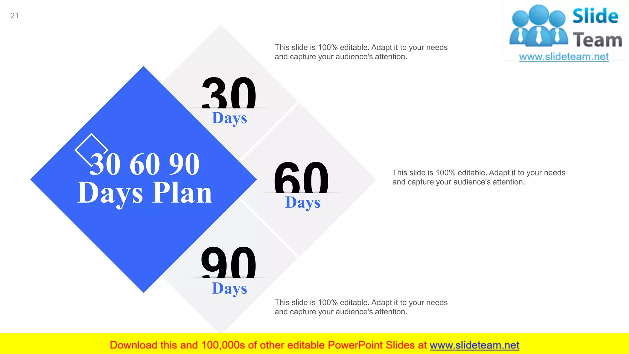 30Days
60Days
90Days
21
30 60 90
Days Plan
This slide is 100% editable. Adapt it to your needs
and capture your audience's attention.
This slide is 100% editable. Adapt it to your needs
and capture your audience's attention.
This slide is 100% editable. Adapt it to your needs
and capture your audience's attention.
 