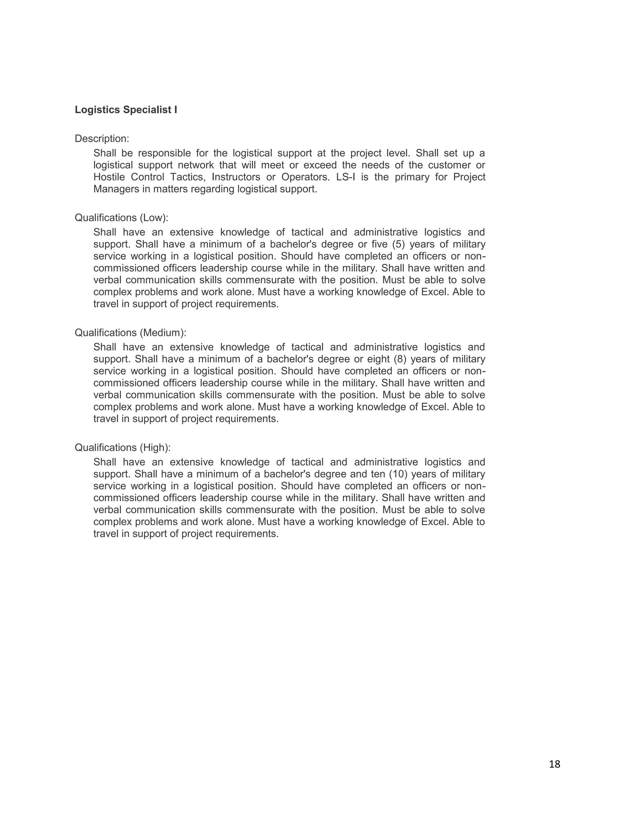 18
Logistics Specialist I
Description:
Shall be responsible for the logistical support at the project level. Shall set up a
logistical support network that will meet or exceed the needs of the customer or
Hostile Control Tactics, Instructors or Operators. LS-I is the primary for Project
Managers in matters regarding logistical support.
Qualifications (Low):
Shall have an extensive knowledge of tactical and administrative logistics and
support. Shall have a minimum of a bachelor's degree or five (5) years of military
service working in a logistical position. Should have completed an officers or non-
commissioned officers leadership course while in the military. Shall have written and
verbal communication skills commensurate with the position. Must be able to solve
complex problems and work alone. Must have a working knowledge of Excel. Able to
travel in support of project requirements.
Qualifications (Medium):
Shall have an extensive knowledge of tactical and administrative logistics and
support. Shall have a minimum of a bachelor's degree or eight (8) years of military
service working in a logistical position. Should have completed an officers or non-
commissioned officers leadership course while in the military. Shall have written and
verbal communication skills commensurate with the position. Must be able to solve
complex problems and work alone. Must have a working knowledge of Excel. Able to
travel in support of project requirements.
Qualifications (High):
Shall have an extensive knowledge of tactical and administrative logistics and
support. Shall have a minimum of a bachelor's degree and ten (10) years of military
service working in a logistical position. Should have completed an officers or non-
commissioned officers leadership course while in the military. Shall have written and
verbal communication skills commensurate with the position. Must be able to solve
complex problems and work alone. Must have a working knowledge of Excel. Able to
travel in support of project requirements.
 