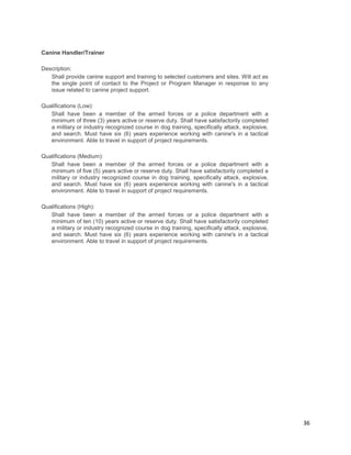 36
Canine Handler/Trainer
Description:
Shall provide canine support and training to selected customers and sites. Will act as
the single point of contact to the Project or Program Manager in response to any
issue related to canine project support.
Qualifications (Low):
Shall have been a member of the armed forces or a police department with a
minimum of three (3) years active or reserve duty. Shall have satisfactorily completed
a military or industry recognized course in dog training, specifically attack, explosive,
and search. Must have six (6) years experience working with canine's in a tactical
environment. Able to travel in support of project requirements.
Qualifications (Medium):
Shall have been a member of the armed forces or a police department with a
minimum of five (5) years active or reserve duty. Shall have satisfactorily completed a
military or industry recognized course in dog training, specifically attack, explosive,
and search. Must have six (6) years experience working with canine's in a tactical
environment. Able to travel in support of project requirements.
Qualifications (High):
Shall have been a member of the armed forces or a police department with a
minimum of ten (10) years active or reserve duty. Shall have satisfactorily completed
a military or industry recognized course in dog training, specifically attack, explosive,
and search. Must have six (6) years experience working with canine's in a tactical
environment. Able to travel in support of project requirements.
 