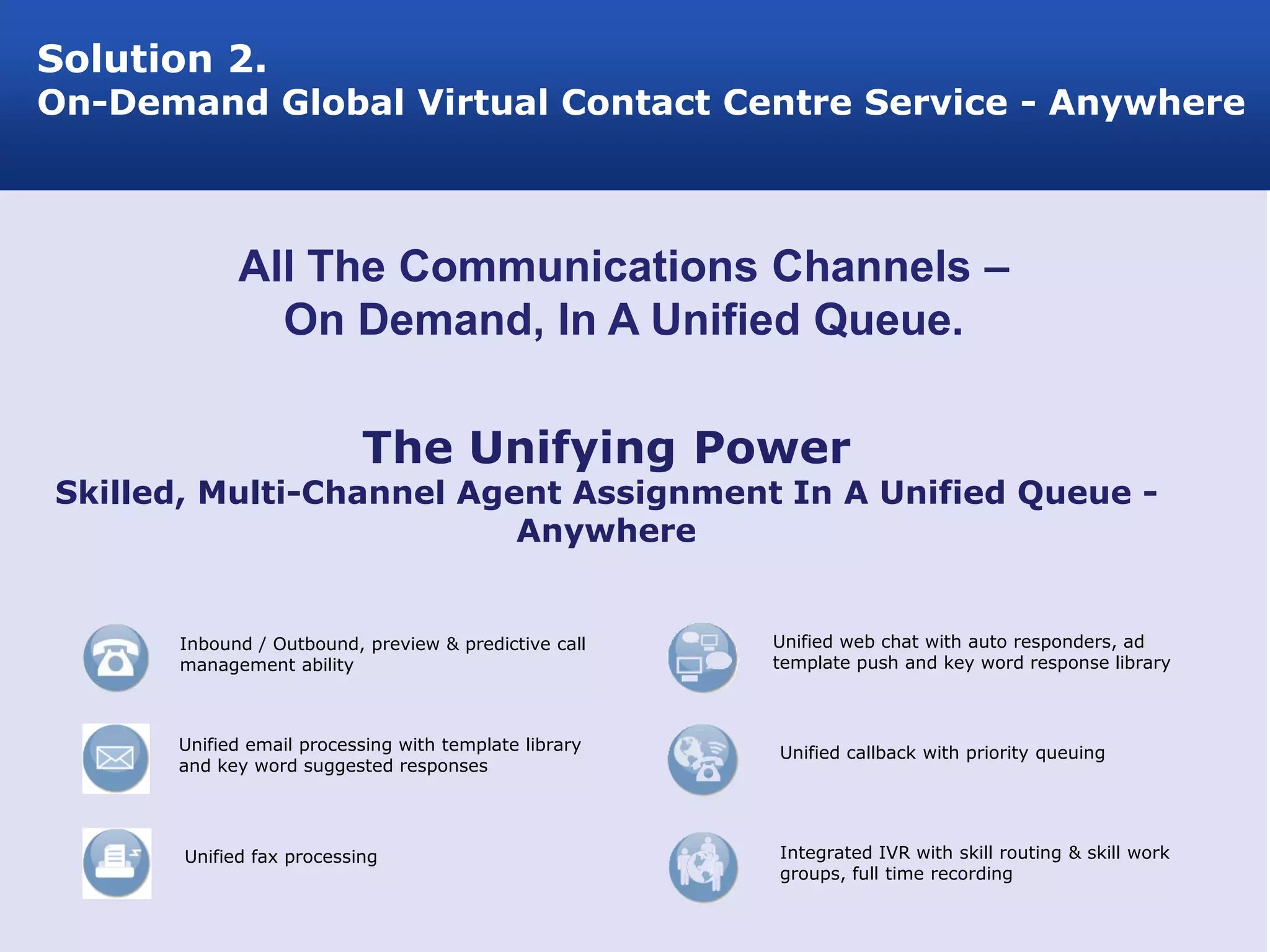 Solution 2.
On-Demand Global Virtual Contact Centre Service - Anywhere



             All The Communications Channels –
               On Demand, In A Unified Queue.

                           The Unifying Power
Skilled, Multi-Channel Agent Assignment In A Unified Queue -
                          Anywhere


      Inbound / Outbound, preview & predictive call    Unified web chat with auto responders, ad
      management ability                               template push and key word response library



      Unified email processing with template library   Unified callback with priority queuing
      and key word suggested responses




       Unified fax processing                          Integrated IVR with skill routing & skill work
                                                       groups, full time recording
 