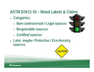 ASTM D7612-10 – Wood Labels & Claims
 Categories:
 – Non-controversial / Legal sources
 – Responsible sources
 – Certified sources
 Later, maybe: Protective / Eco-forestry
 sources




                                           5
 