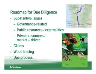 Roadmap for Due Diligence
 Substantive issues
 – Governance-related
 – Public resources / externalities
 – Private resources /
   market – driven
 Claims
 Wood tracing
 Due process

                                      6
 