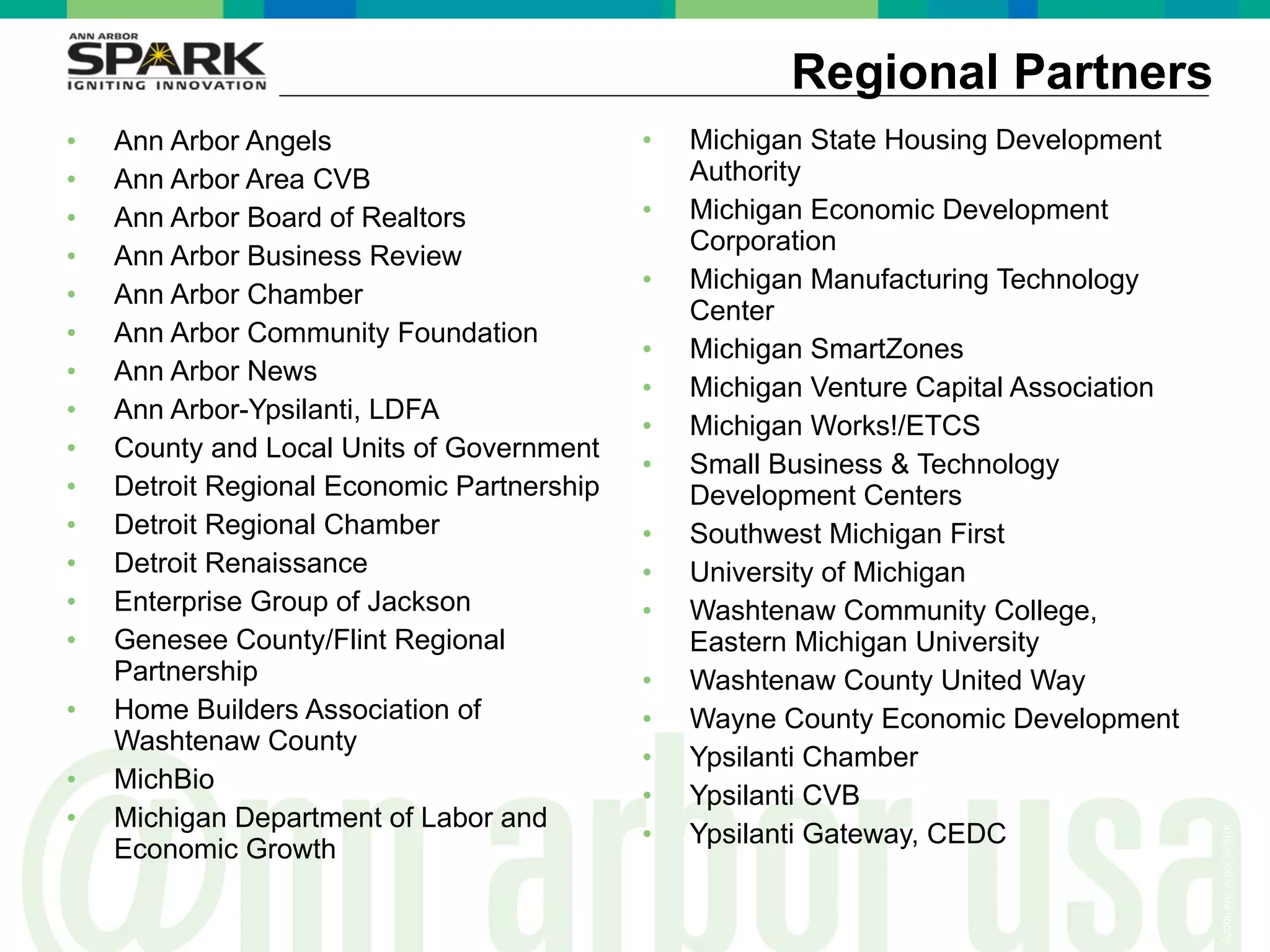 Ann Arbor Angels Ann Arbor Area CVB Ann Arbor Board of Realtors Ann Arbor Business Review Ann Arbor Chamber Ann Arbor Community Foundation Ann Arbor News Ann Arbor-Ypsilanti, LDFA County and Local Units of Government Detroit Regional Economic Partnership Detroit Regional Chamber Detroit Renaissance Enterprise Group of Jackson Genesee County/Flint Regional Partnership Home Builders Association of Washtenaw County MichBio Michigan Department of Labor and Economic Growth  Regional Partners Michigan State Housing Development Authority Michigan Economic Development Corporation  Michigan Manufacturing Technology Center Michigan SmartZones Michigan Venture Capital Association Michigan Works!/ETCS Small Business & Technology Development Centers Southwest Michigan First University of Michigan Washtenaw Community College, Eastern Michigan University Washtenaw County United Way Wayne County Economic Development Ypsilanti Chamber Ypsilanti CVB Ypsilanti Gateway, CEDC 