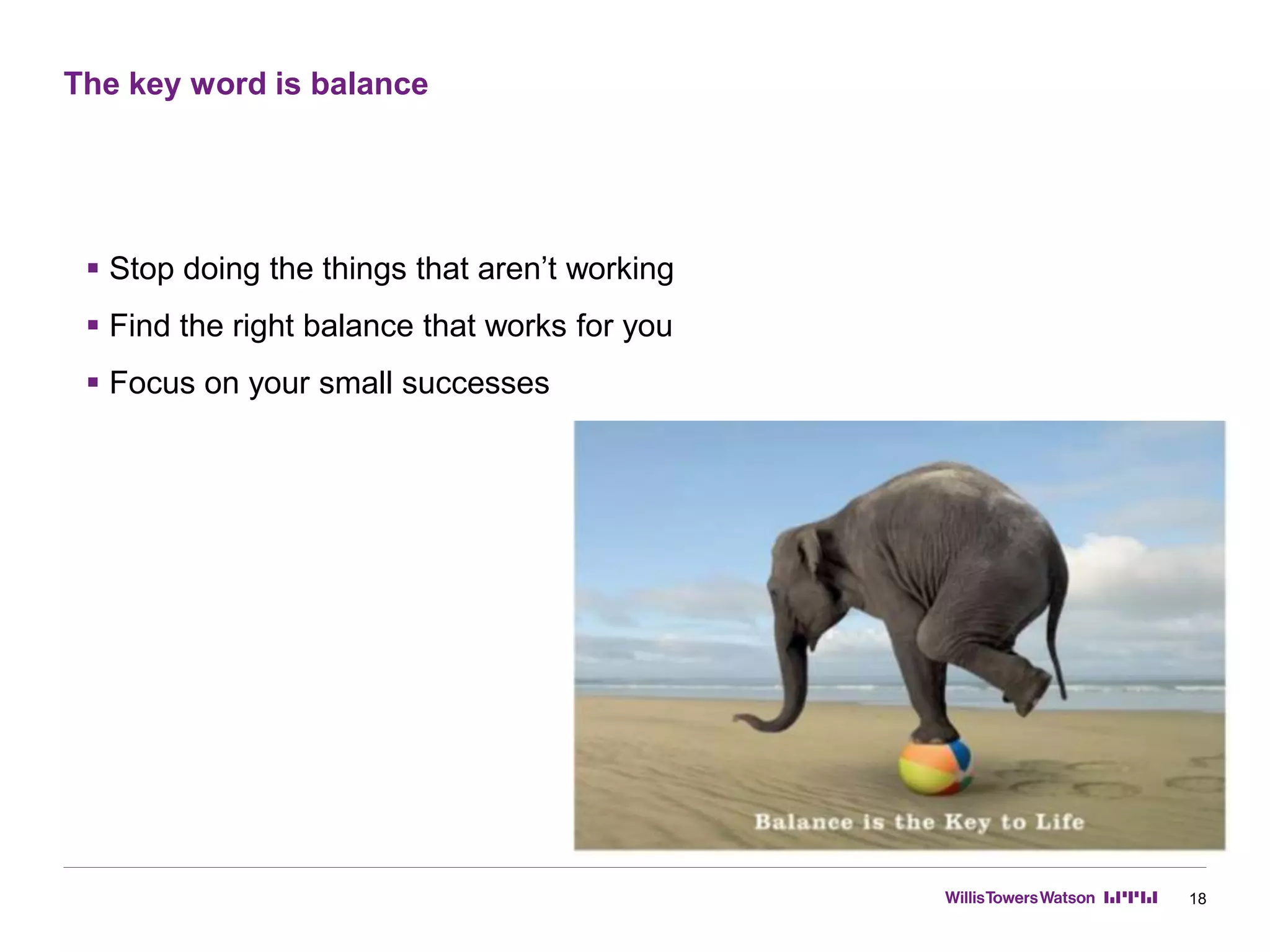 The key word is balance
18
 Stop doing the things that aren’t working
 Find the right balance that works for you
 Focus on your small successes
 