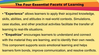 The Four Essential Facets of Learning
• "Experience" allows learners to apply their acquired knowledge,
skills, abilities, and attitudes in real-world contexts. Simulations,
case studies, and other practical activities facilitate the transfer of
learning to real-life situations.
• "Empathize" encourages learners to understand and connect
with the material they are learning, and to identify their own needs.
This component supports socio emotional learning and helps
learners form bonds, improve communication, and resolve conflicts.
 