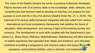 The vision of the DepEd remains the same: to produce holistically developed
Filipino learners with 21st century skills or the knowledge, skills, attitudes, and
competencies that learners need to develop so that they can prepare for and
succeed in work and life in the 21st century (DepEd Order No. 21, s. 2019). The
improved 21st century skills framework integrates skill sets culled from various
international and local competency frameworks that redefine the future of
education, skills development, and training in light of the evolving society and
economy. The development of such skills coupled with the Department’s core
values (i.e., Maka-Diyos, Makatao, Makakalikasan, Makabansa) will allow learners
to realize aspirations that represent their ideals and ambitions, and ultimately
contribute to building a progressive and cohesive nation that enjoys economic
prosperity, socio-political stability, unity in diversity, and sustainability.
 