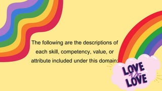 The following are the descriptions of
each skill, competency, value, or
attribute included under this domain:
 